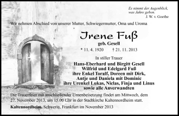 Traueranzeige von Irene Fuß von Südthüringer Presse