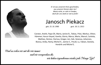 Traueranzeige von Janosch Piekacz von Neue Presse Coburg