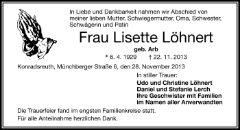 Traueranzeige von Lisette Löhnert von Frankenpost