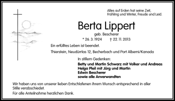 Traueranzeige von Berta Lippert von Frankenpost