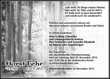 Traueranzeige von Horst Fehr von Südthüringer Presse