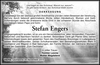 Traueranzeige von Stefan Engers von Südthüringer Presse