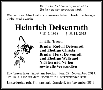 Traueranzeige von Heinrich Deisenroth von Südthüringer Presse