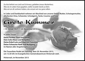 Traueranzeige von Grete Kummer von Südthüringer Presse