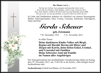 Traueranzeige von Gerda Scheuer von Südthüringer Presse