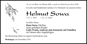 Traueranzeige von Helmut Sowa von Südthüringer Presse