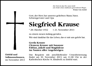 Traueranzeige von Siegfried Krause von Südthüringer Presse