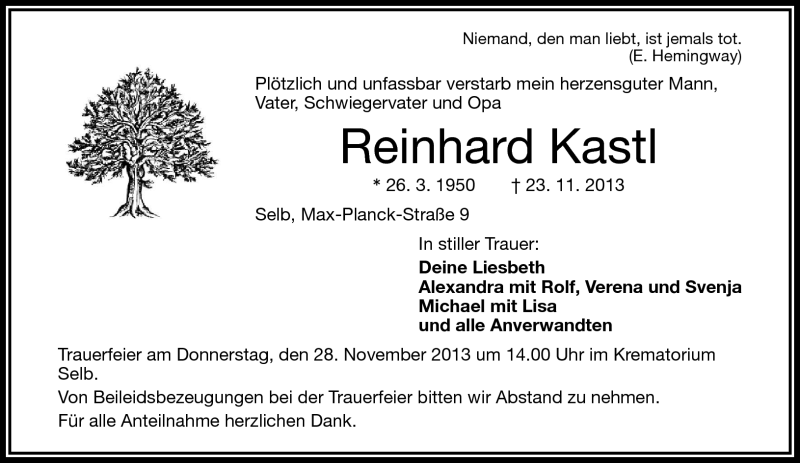  Traueranzeige für Reinhard Kastl vom 27.11.2013 aus Frankenpost