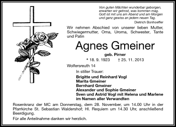 Traueranzeige von Agnes Gmeiner von Frankenpost