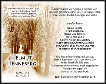 Traueranzeige von Helmut Henneberg von Südthüringer Presse