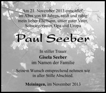 Traueranzeige von Paul Seeber von Südthüringer Presse