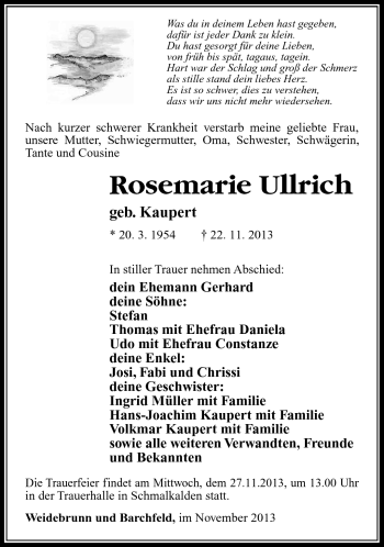 Traueranzeige von Rosemarie Ullrich von Südthüringer Presse