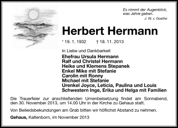 Traueranzeige von Herbert Hermann von Südthüringer Presse