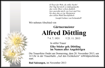 Traueranzeige von Alfred Döttling von Südthüringer Presse