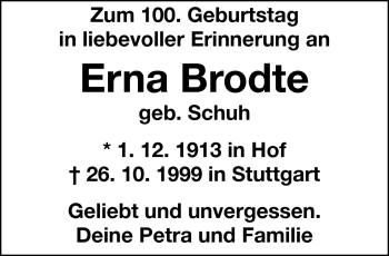 Traueranzeige von Erna Brodte von Frankenpost