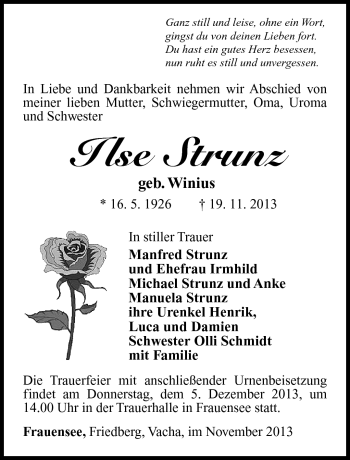 Traueranzeige von Ilse Strunz von Südthüringer Presse