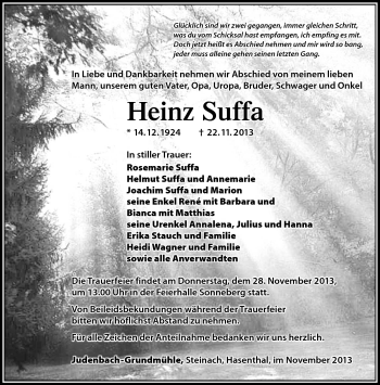 Traueranzeige von Heinz Suffa von Südthüringer Presse