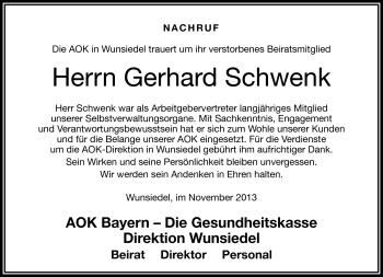 Traueranzeige von Gerhard Schwenk von Frankenpost