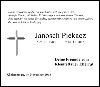 Traueranzeige von Janosch Piekacz von Neue Presse Coburg