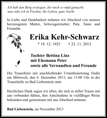 Traueranzeige von Erika Kehr-Schwarz von Südthüringer Presse