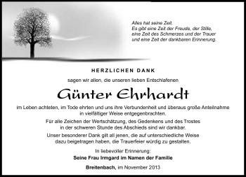 Traueranzeige von Günter Ehrhardt von Südthüringer Presse