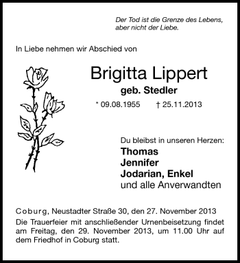 Traueranzeige von Brigitta Lippert von Neue Presse Coburg