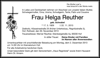 Traueranzeige von Helga Reuther von Frankenpost