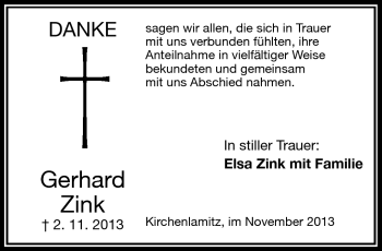 Traueranzeige von Gerhard Zink von Frankenpost