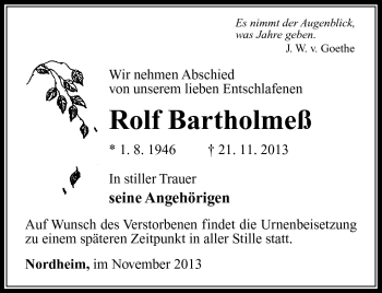 Traueranzeige von Rolf Bartholmeß von Südthüringer Presse