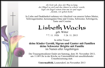 Traueranzeige von Lisbeth Wachs von Südthüringer Presse