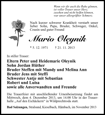 Traueranzeige von Mario Oleynik von Südthüringer Presse