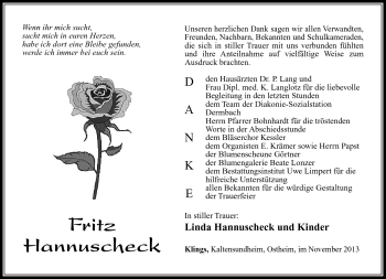 Traueranzeige von Fritz Hannuscheck von Südthüringer Presse