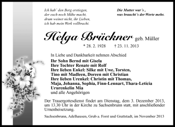 Traueranzeige von Helga Brückner von Südthüringer Presse