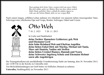 Traueranzeige von Otto Weh von Südthüringer Presse
