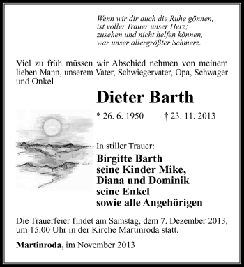 Traueranzeige von Dieter Barth von Südthüringer Presse