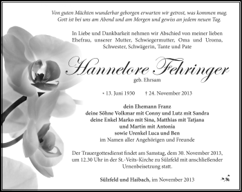 Traueranzeige von Hannelore Fehringer von Südthüringer Presse
