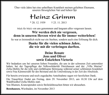 Traueranzeige von Heinz Grimm von Südthüringer Presse