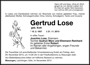 Traueranzeige von Gertrud Lose von Südthüringer Presse