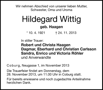 Traueranzeige von Hildegard Wittig von Neue Presse Coburg
