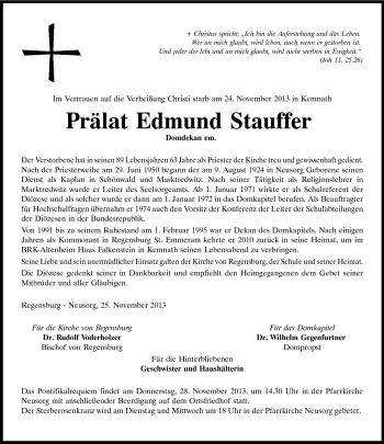 Traueranzeige von Edmund Stauffer von Frankenpost
