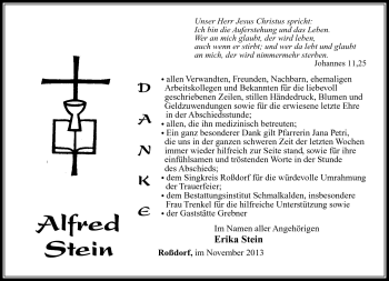Traueranzeige von Alfred Stein von Südthüringer Presse