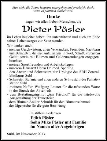 Traueranzeige von Dieter Päsler von Südthüringer Presse