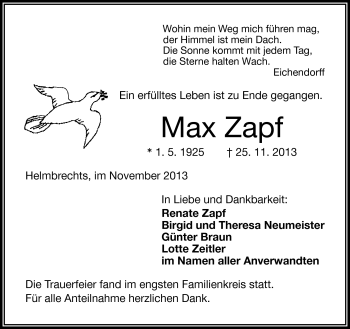 Traueranzeige von Max Zapf von Frankenpost