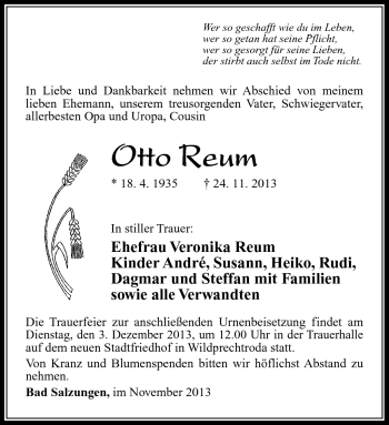 Traueranzeige von Otto Reum von Südthüringer Presse