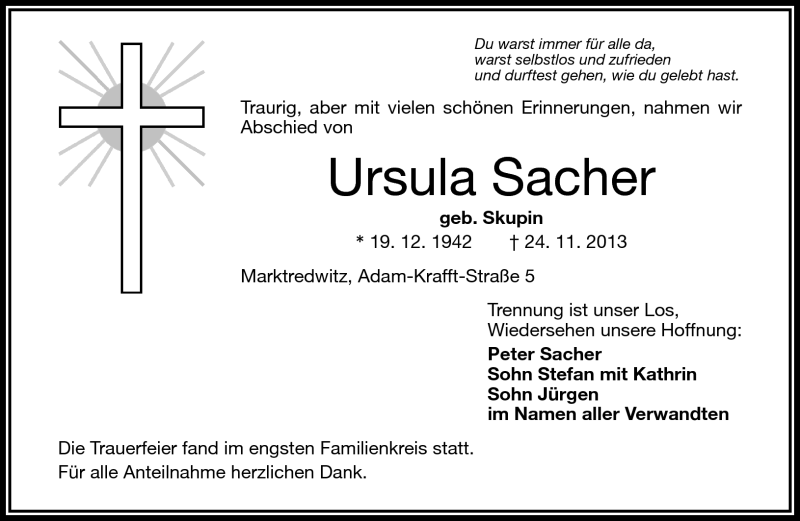  Traueranzeige für Ursula Sacher vom 29.11.2013 aus Frankenpost