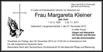 Traueranzeige von Margareta Kleiner von Frankenpost