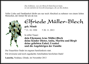 Traueranzeige von Elfriede Müller-Blech von Südthüringer Presse