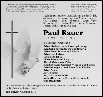 Traueranzeige von Paul Rauer von Südthüringer Presse