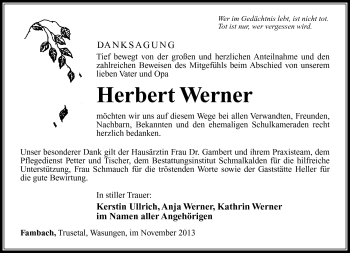 Traueranzeige von Herbert Werner von Südthüringer Presse