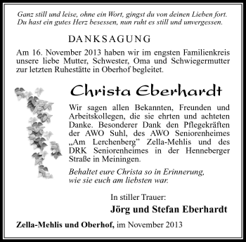 Traueranzeige von Christa Eberhardt von Südthüringer Presse